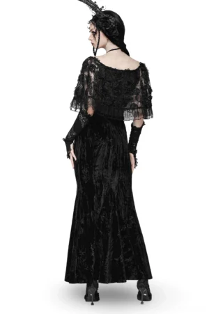 Black gothic velvet maxi dress with exposed back and flutter lace sleeves, rear full-body view