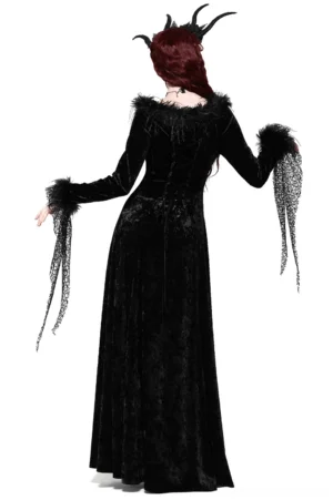 Black gothic velvet maxi dress with lace-up corset back design, back full-body view showcasing architectural corsetry