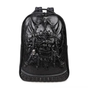 Black gothic viking skull embossed leather backpack front view with studded bottom trim and 3D skull design