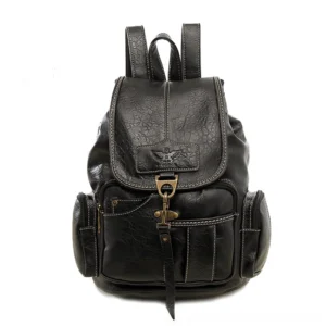 Black distressed PU leather gothic backpack front view with embossed flap lock closure - vintage alternative fashion style