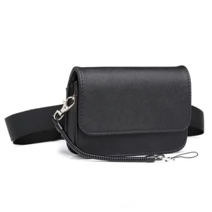 Black gothic waist bag front view with cross-grain PU leather texture and metal zipper ring detail