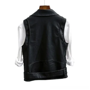 Black faux leather gothic vest rear view showing back yoke seam and adjustable waist belt on white background