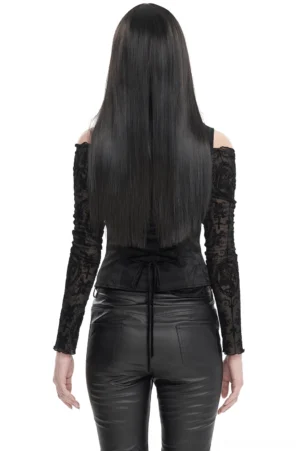 Black gothic waistcoat back view showing corset-style lace-up closure on model