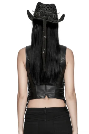 Back view of black faux leather gothic waistcoat showing lace-up detail and split hem on model