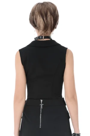 Back view of black gothic vest showing tailored silhouette and cross pendant detail