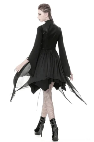 Black asymmetrical gothic waistcoat back view showing crisscross lace-up closure with flared sleeves and fishnet stockings