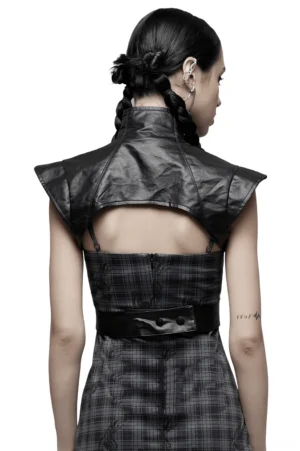 Black gothic waistcoat rear view showing open back design and detachable waist harness snap belt on model