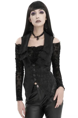 Black floral jacquard gothic waistcoat front view on model with lace cold-shoulder layering