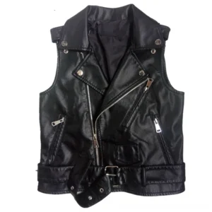 Black PU leather gothic waistcoat front view with asymmetrical dual zippers and lapel collar on white background