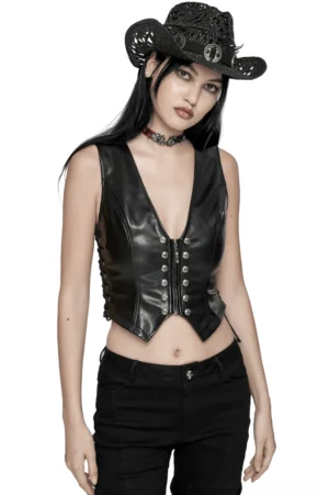Black gothic faux leather waistcoat with cross rivets worn by model in front view, deep V-neck and central zipper detail visible