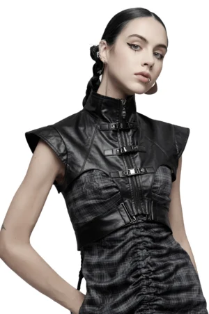 Black PU leather gothic waistcoat with wide shoulders and metal buckles, front view on model with stand collar and center zipper closure