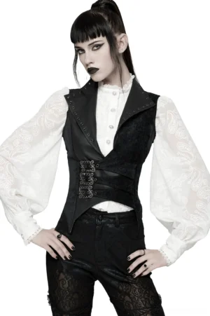 Black velvet gothic waistcoat with ornate metal buckles front view on model with goth makeup