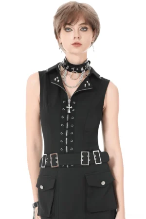 Black gothic waistcoat front view with studded collar and lace-up panel on model