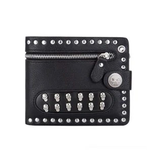 Black punk studded leather wallet front view with border metal studs, front zipper pocket, and skull-shaped branded fastener