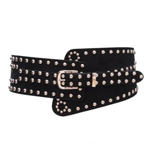 Black PU leather wide studded buckle belt flat lay, dense metal rivets and silver square buckle detail