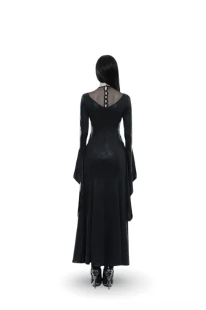 Black gothic witch dress back view showing sheer mesh panel and lace-up closure on model