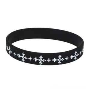 Black gothic wristband with white cross and plus symbol embossed pattern - matte silicone rubber bangle bracelet front view