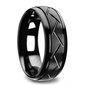 Black gothic zigzag engraved metal ring with brushed finish and polished edges, 3/4 view