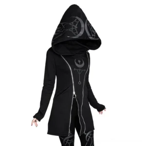 Black gothic women's zip hoodie with occult moon and pentagram prints worn by female model, three-quarter front view showing dual asymmetrical zippers and mystical chest design