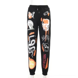 Black skull graffiti gothic fleece joggers front flat lay display