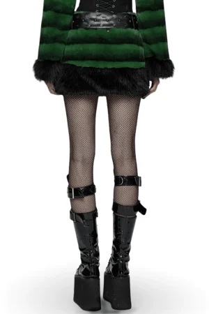 Black and green faux fur gothic mini skirt with studded belt - back full-body model view