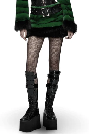 Black and green faux fur gothic mini skirt with studded belt - front full-body model view