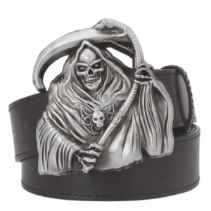 Black grim reaper gothic punk leather belt with skull buckle, front overhead view showing full length and detailed metal reaper buckle