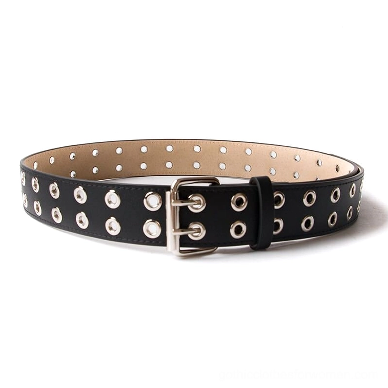 Black PU leather gothic rivet belt with double-row metal grommets and silver buckle, top-down flat lay