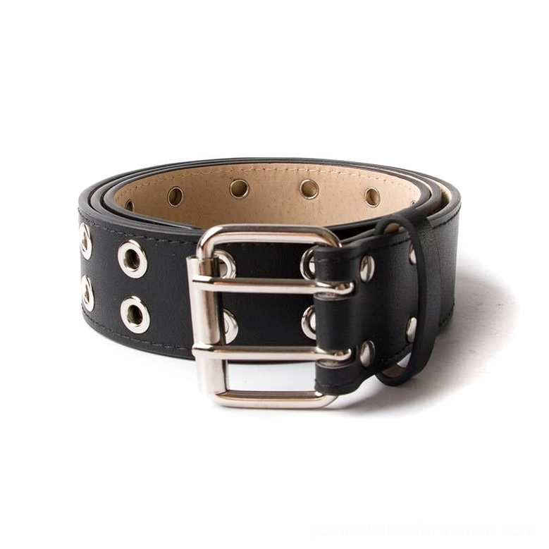 Black gothic grommet belt with double pin buckle and metal rivets, side flat lay perspective detail