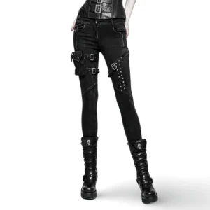 Black grunge skinny jeans front view on model, featuring removable 3D pocket and metal eyelet details