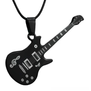 Black stainless steel electric guitar pendant necklace flat lay with musical details and rope chain