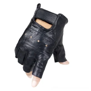 Single black sheep leather half-finger glove, three-quarter front angle displaying textured pebbled finish and adjustable velcro wrist closure