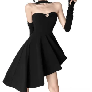 Black halter asymmetric goth mini dress front view worn with fingerless gloves