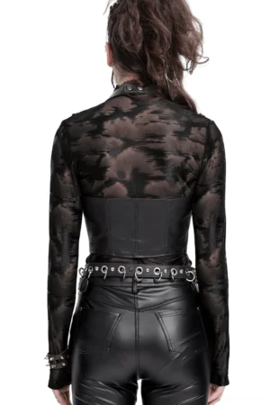 Back view of gothic corset ensemble with studded belt and faux leather pants on model