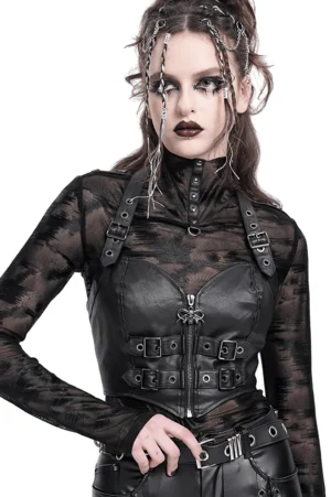 Black halter buckle corset with front zipper and skull charm on female model in front three-quarter view