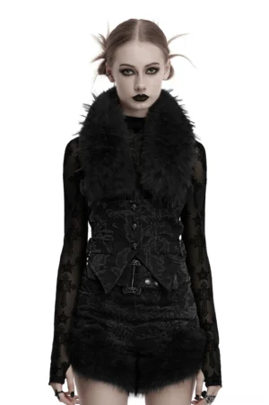 Black jacquard halter denim waistcoat with detachable faux fur collar worn by alternative goth model, front view studio shot