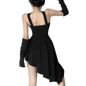 Black backless halter gothic dress rear view showing irregular asymmetric hem