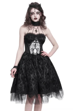 Black halter gothic dress with ribcage print worn by model, front three-quarter view showcasing lace overlay and tulle skirt