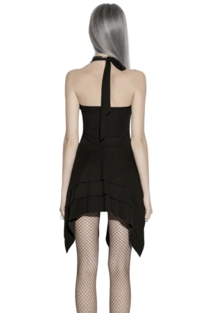 Back view of gothic halter mini dress showing open back design and tiered handkerchief hem