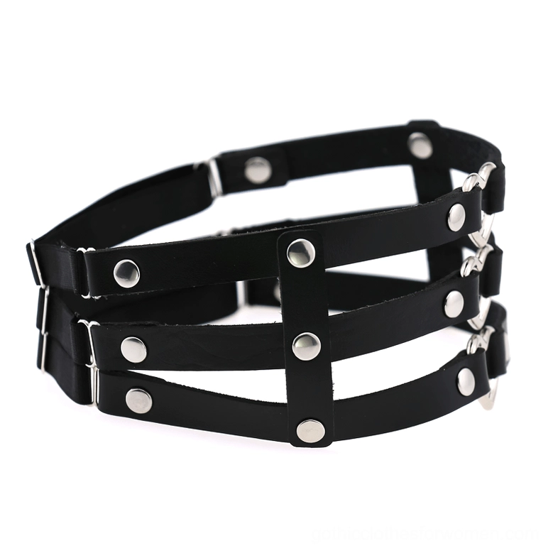 Black synthetic leather leg harness side profile showing adjustable metal buckles and strap construction