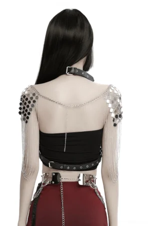 Gothic body harness with cascading silver chain tassels, backless design showcasing back detail