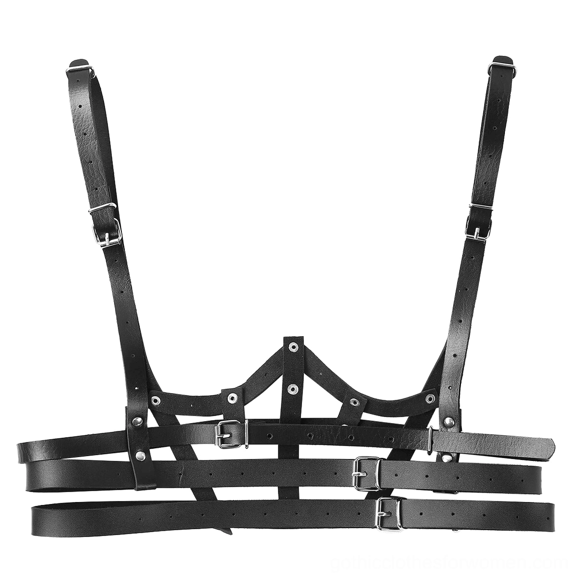 Flat lay black PU leather chest harness showing full product with adjustment buckles and rivets