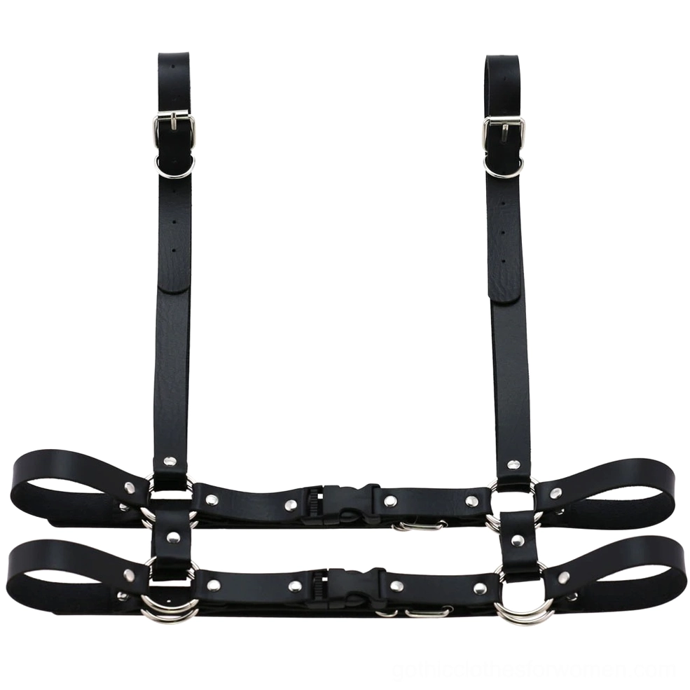 Black leather body harness front flat lay display showing dual waist straps with adjustable silver buckles and geometric design