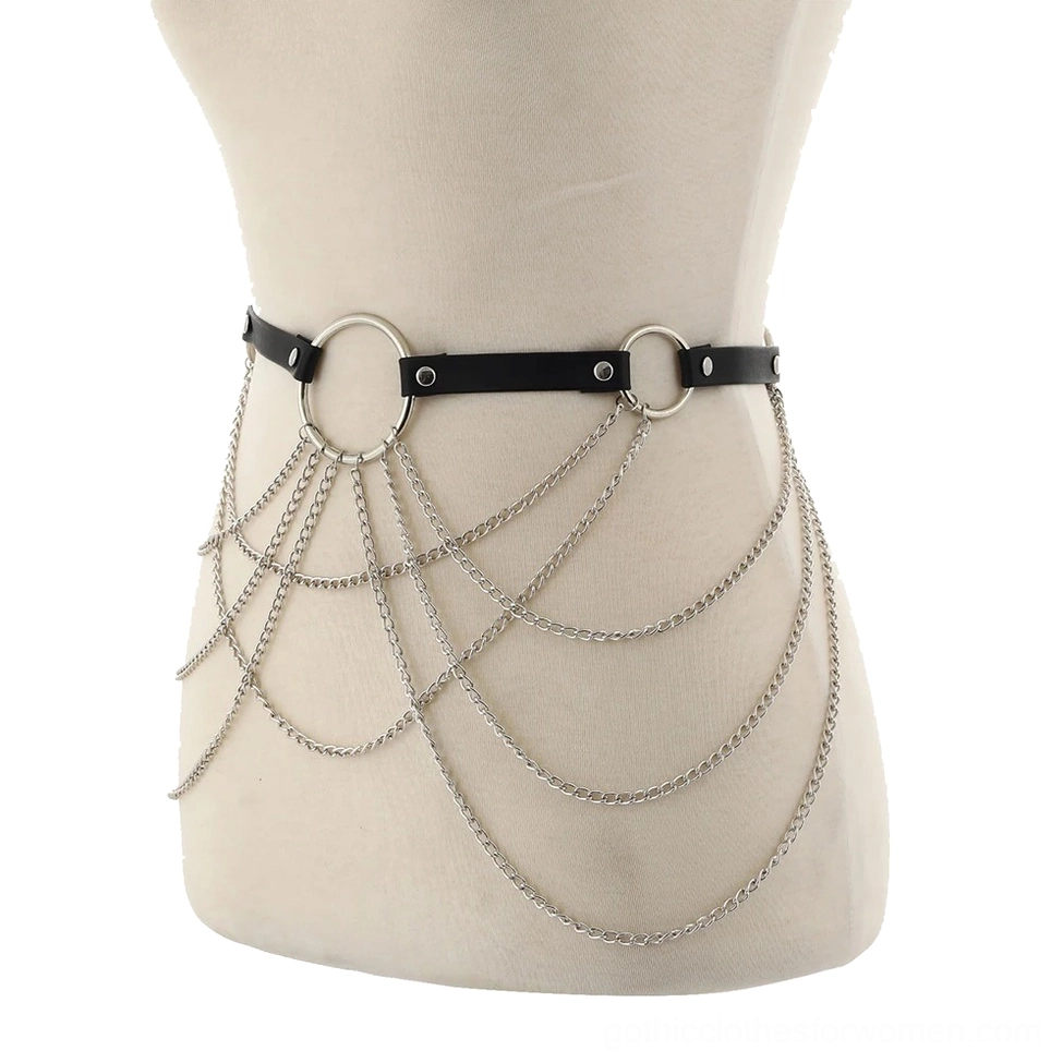 Minimalist black body harness design with simplified chain tassels and two O-rings on mannequin torso