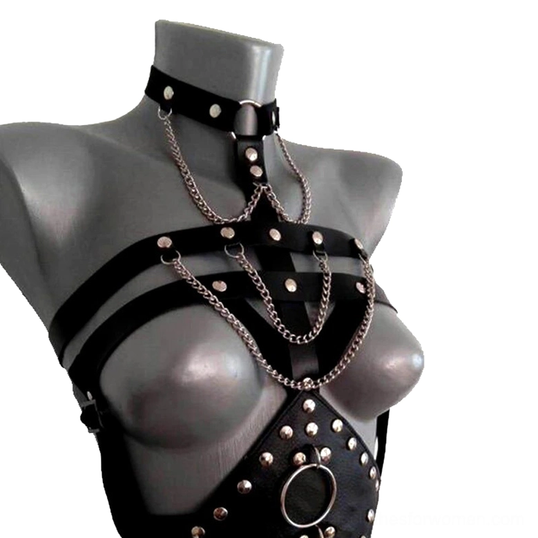 Black leather harness right three-quarter view featuring studded trim and adjustable buckles on torso
