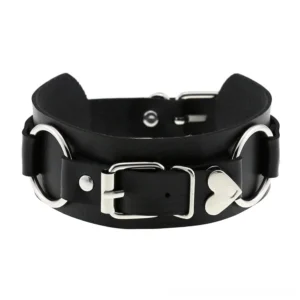 Black leather choker with silver D-ring buckles and heart-shaped pendant, flat lay front close-up on white background