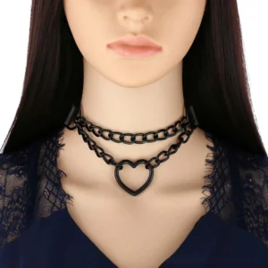 Black heart chain choker necklace worn on mannequin, front close-up view showing matte black hollow heart pendant and dual chain design