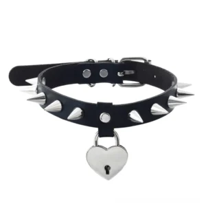 Black heart spiked choker with silver padlock pendant and conical studs, front flat lay view showcasing gothic necklace design