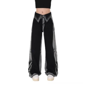 Black high-waist straight denim pants with faded wash and folded waistband detail, front flat lay view on white background