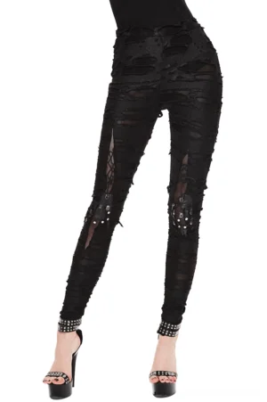 Black high-waist gothic ripped pants front view with leather knee details, worn by model in studio setting